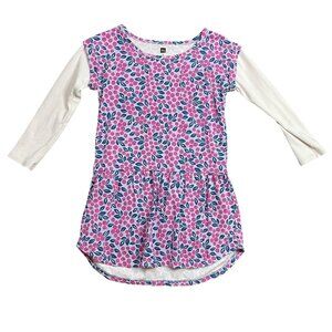 Tea Collection Floral Knit Dress‎ Girls 6 Cotton Faux Layered Long Sleeves FLAW